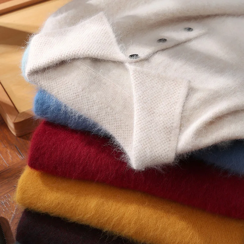 

Autumn and Winter New Mink Cashmere Men's Shirt Collar Pullover Wool Sweater Polo Sweater Loose Knitted Bottom Shirt