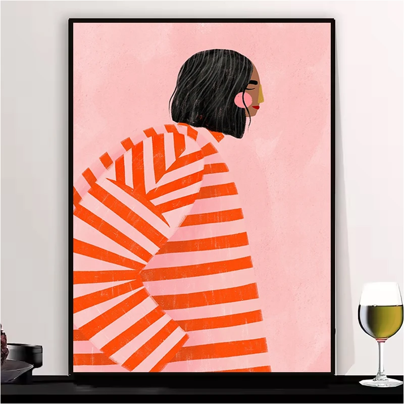 

Minimalist Women Portrait Illustration Modern Colorful Striped Cartoon Girl Poster Decor for Room Decorative Picture