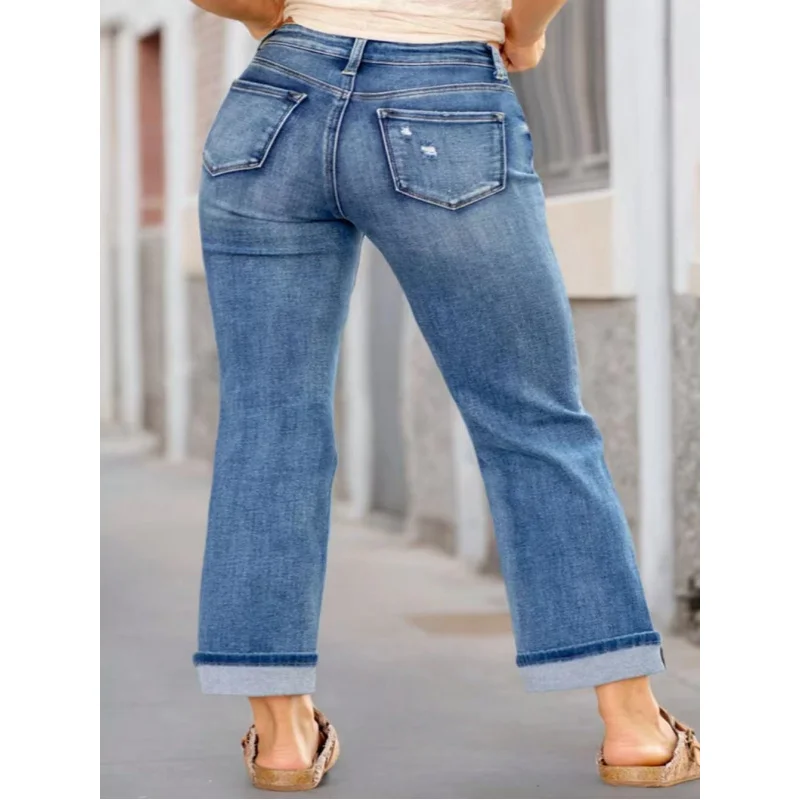 plus Size Women's mid Waist Comfortable Perforated Elastic Straight Leg Denim Jeans 2026 Fashionable Breathable Stretchy Pants view 2