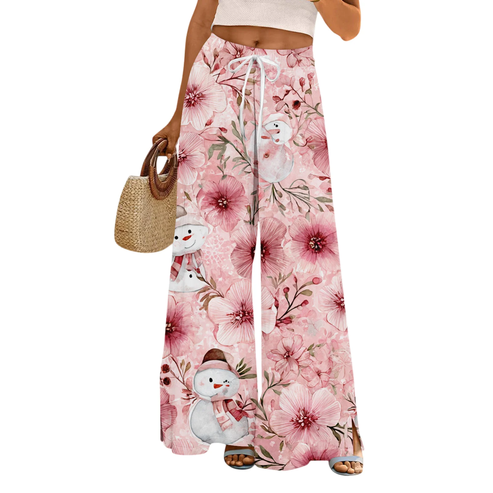 Codzienne spodnie damskie, luźne i swobodne spodnie z szerokimi nogawkami z świątecznym nadrukiem, z elastycznym pasem, sznurkiem i kieszeniami.