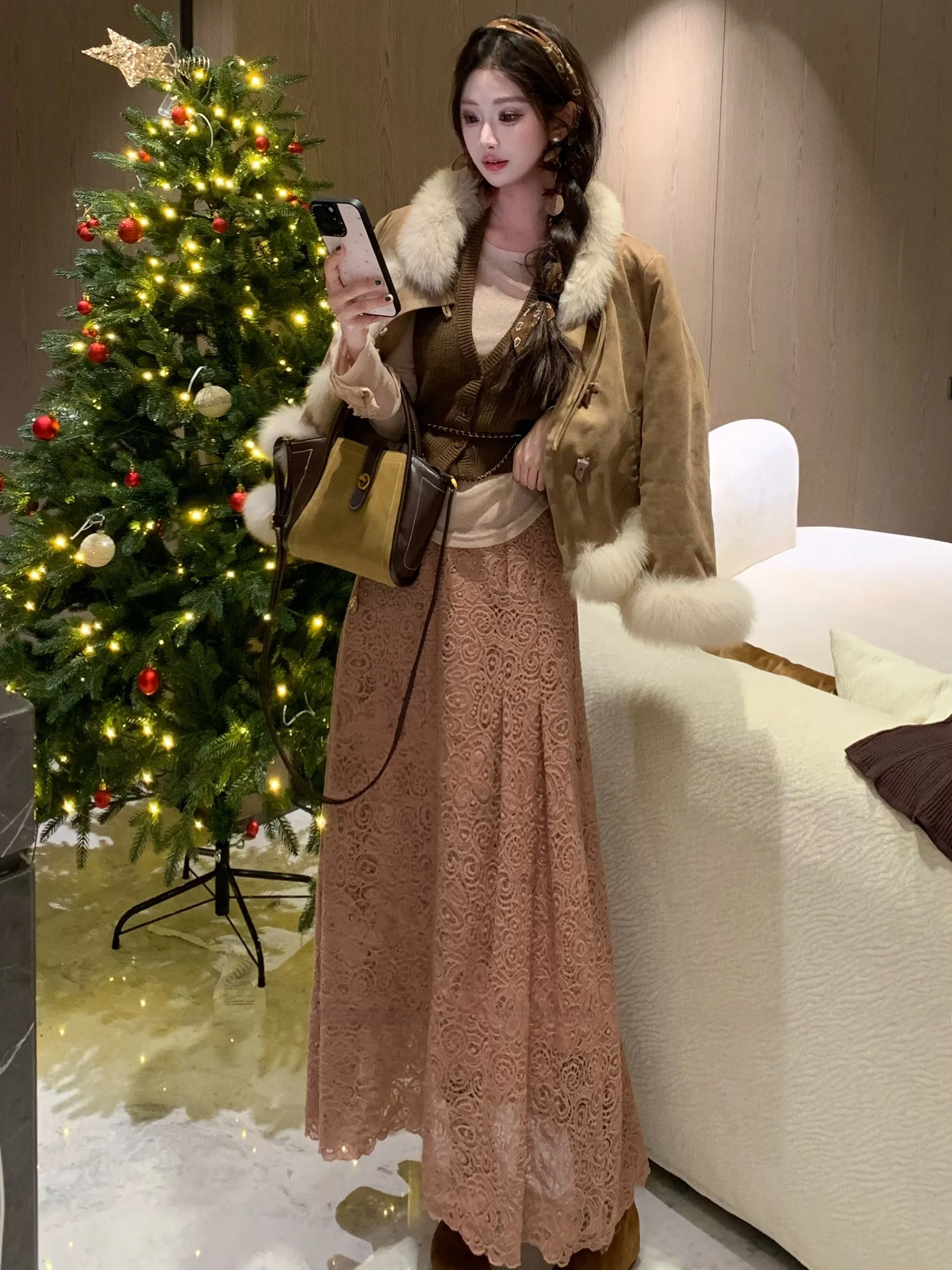 

New Dadada Faion Casual Slimming Lace Skirt Bean Paste Hollow out mid Waist Stand Fit Polyester Fiber Spring Summer Skirt