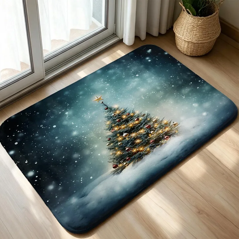 Christmas Snowy Christmas Tree Doormat Winter Snowflake Night Scene Print Indoor Floor Rug Entryway Carpet Low‑Profile Area Mat