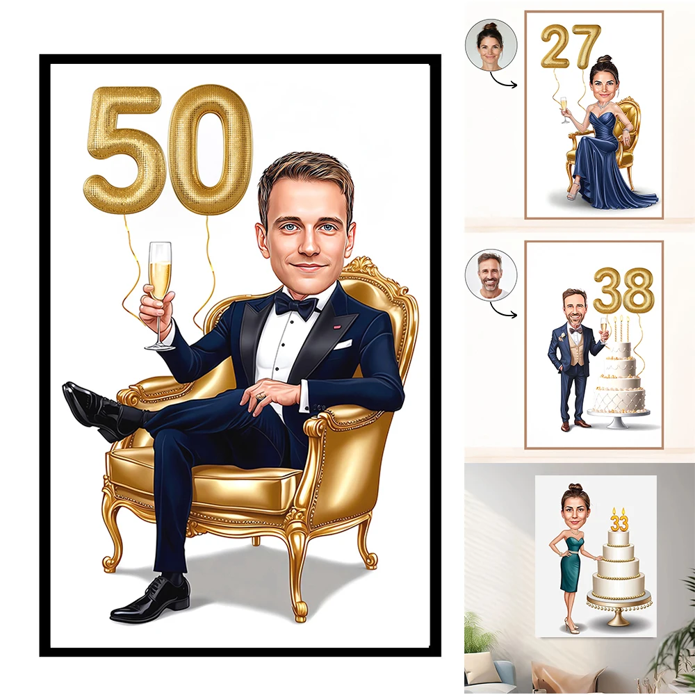 

Custom Man Cartoon Portrait 50th Birthday Poster Anniversary Funny Birthday Gifts Woman Birthday Prints Golden Number Canvas Art