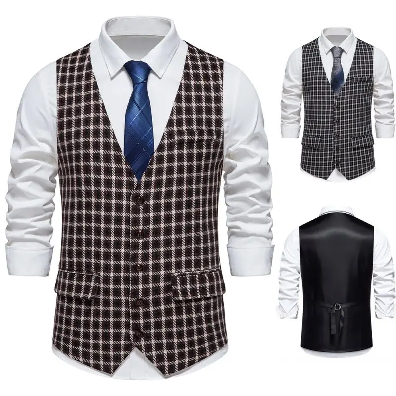 

Summer 2024 Men's Single-Button V-Ne Vest Large Plaid Color Blo Retro Suiting Stand Fit Faion Urban Sle Polyester