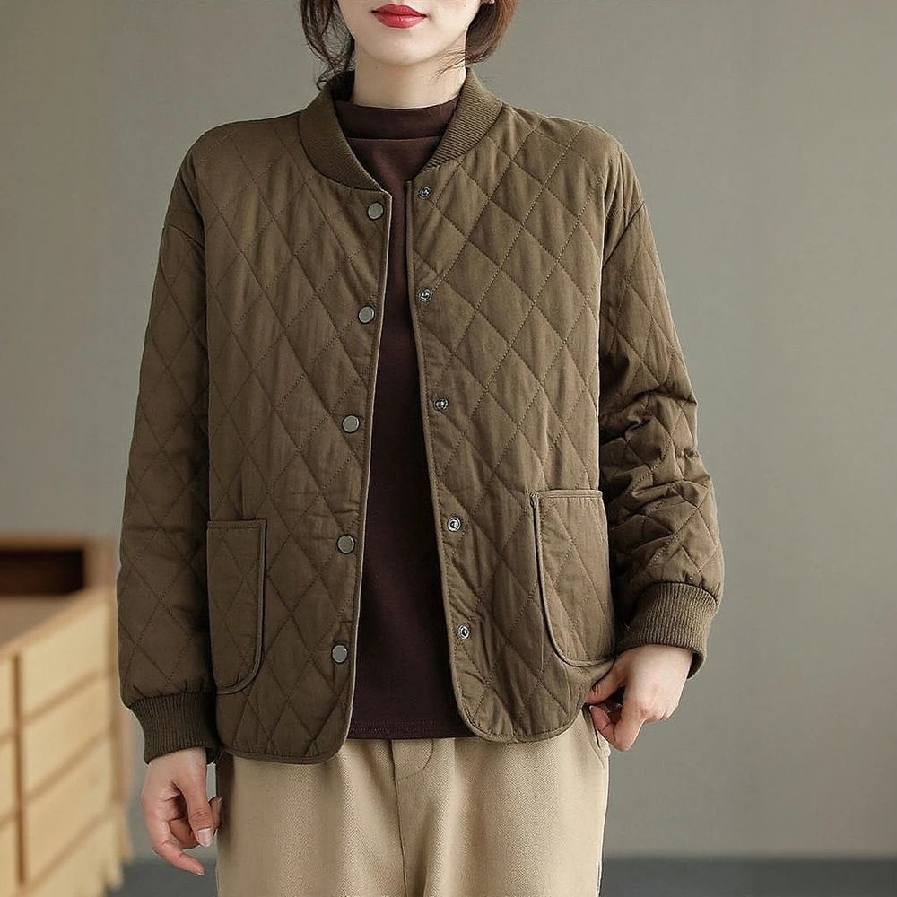 

Women's Solid Color Quilted Jacket Autumn Winter Fashion Single Breasted Long Sleeve Casual Stand Collar Daily Outerwear