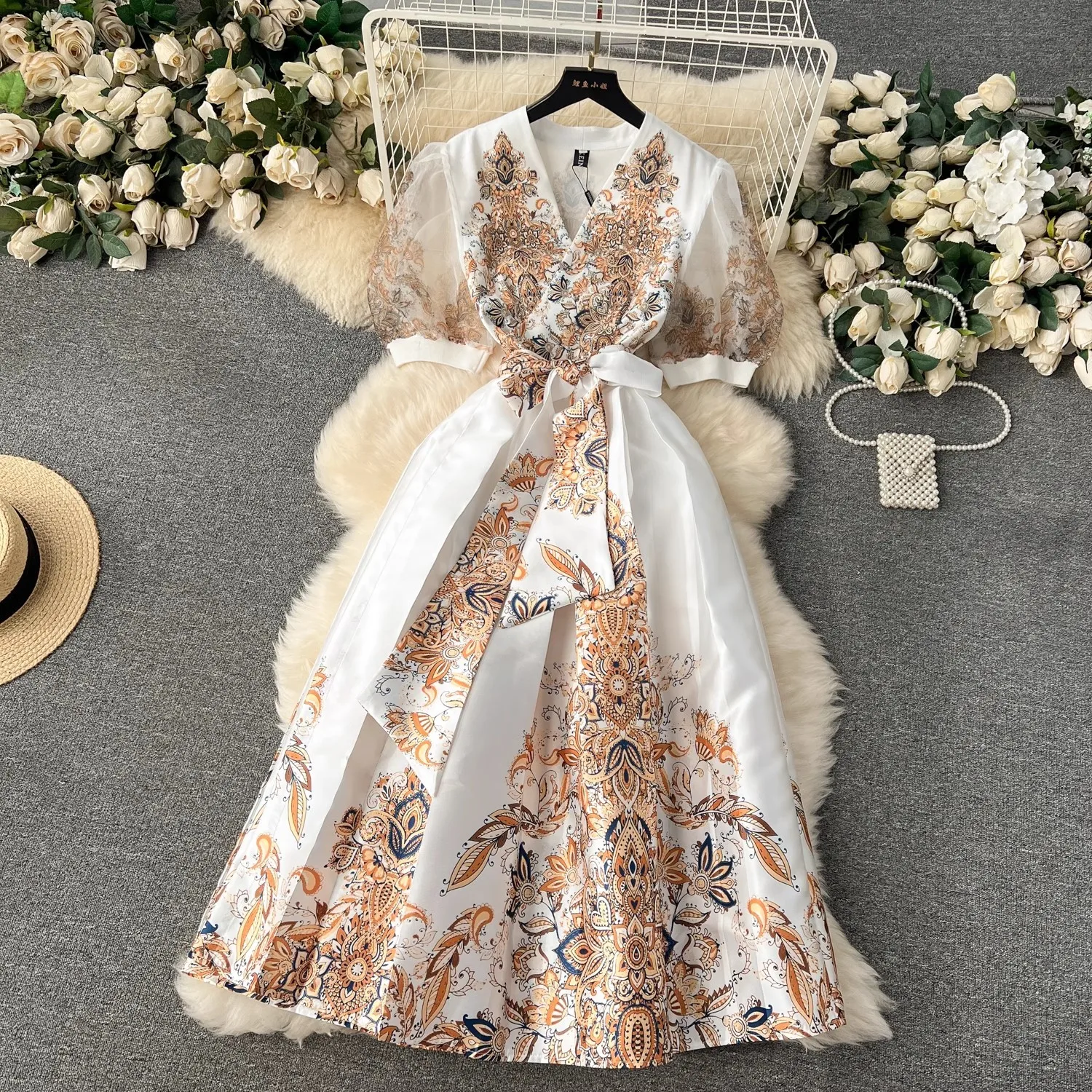 JAMERARY Designer Floral Print Holiday Dress Women Palace Style High-end Elegant Celebrity Midi Long Short Sleeve Vestidos