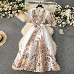 JAMERARY Designer Floral Print Holiday Dress Women Palace Style High-end Elegant Celebrity Midi Long Short Sleeve Vestidos