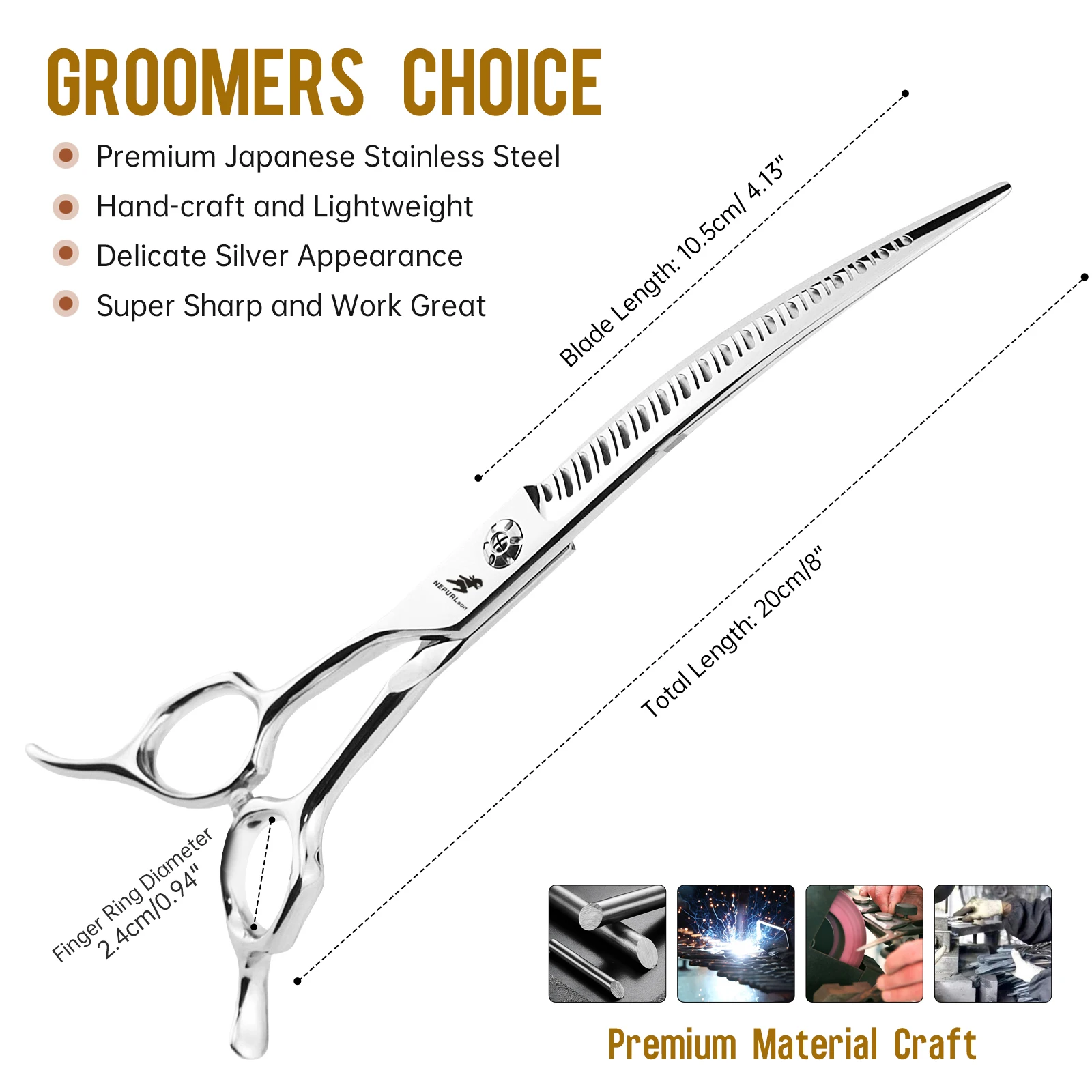 High-end 8.0inch silver JP440C left hand gradient teeth down curved Pet Grooming Fishbone Scissors Thinning Rate 70% sharp great