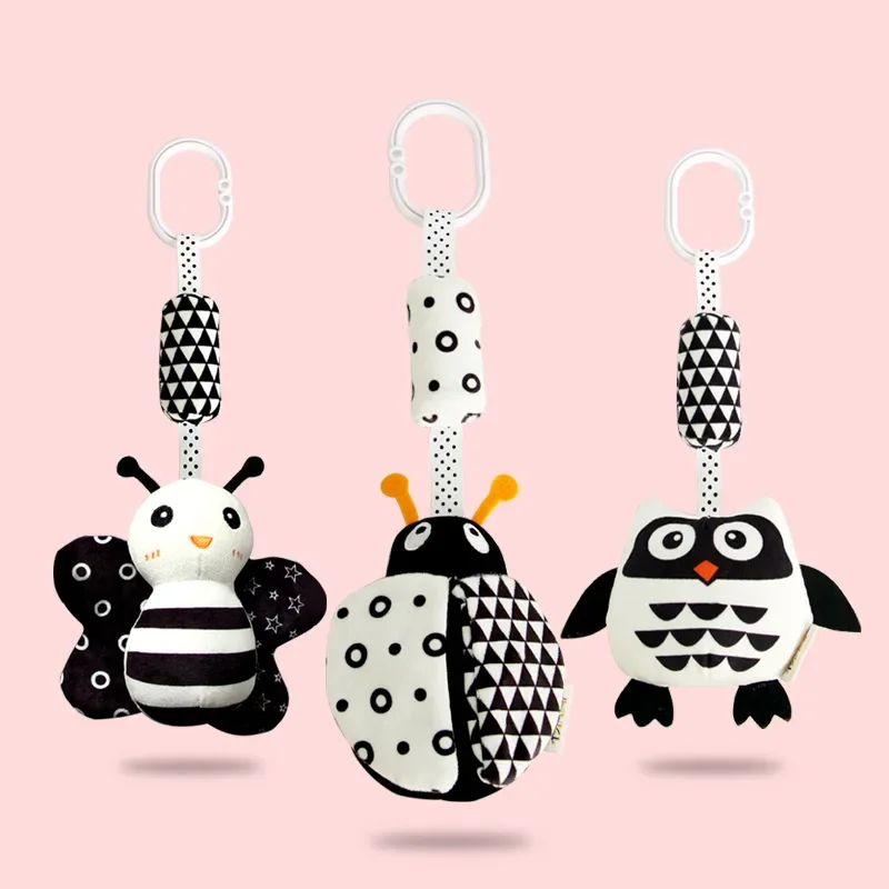 Soft Plush Rattle Toy Crib Animal Hanging Bell Car Seat Travel Stroller Black and White Wind Chime Visual Educational Toy Gift