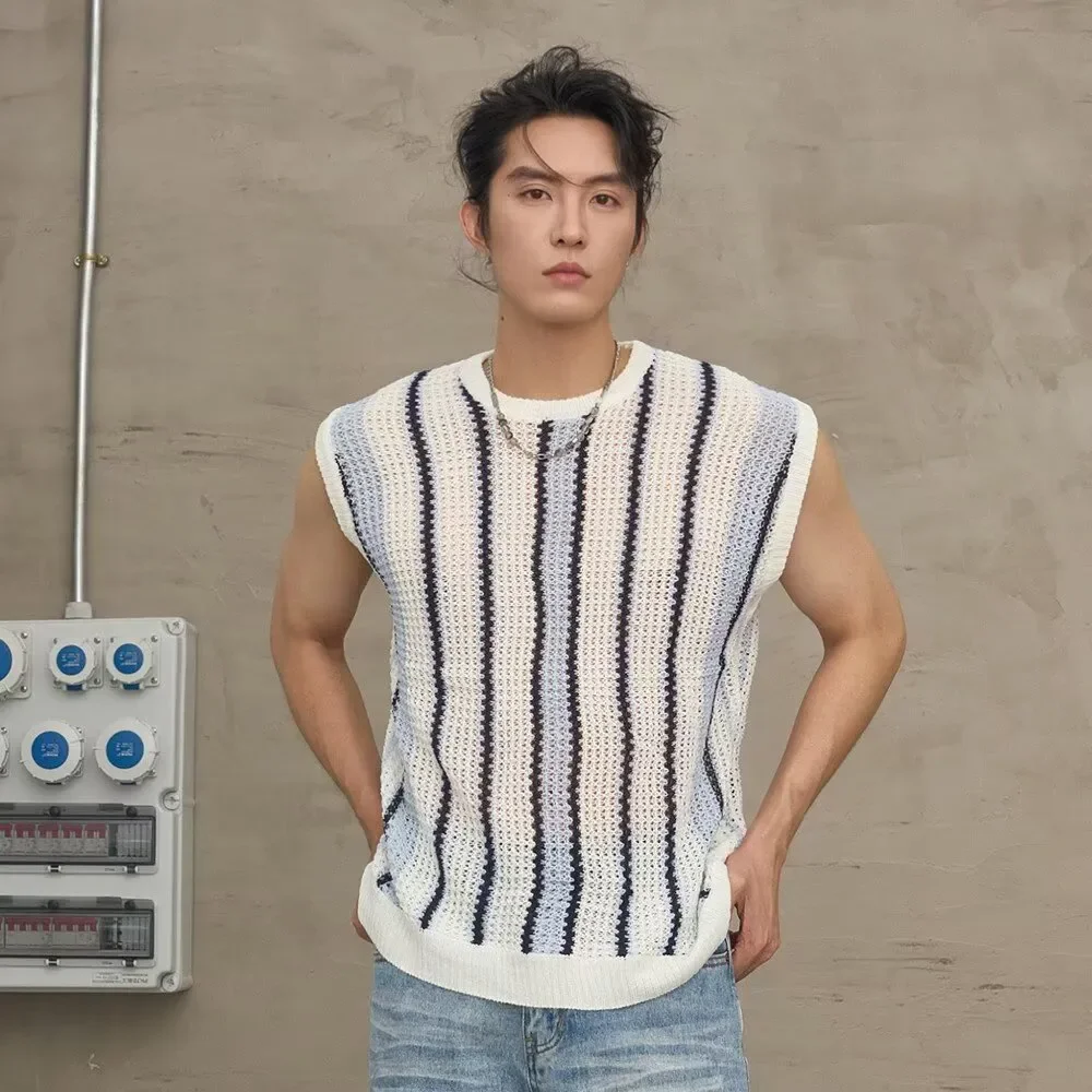 Striped Knit Sleeveless Top For Men Summer Casual Trendy Breathable Design Round Neck Lightweight