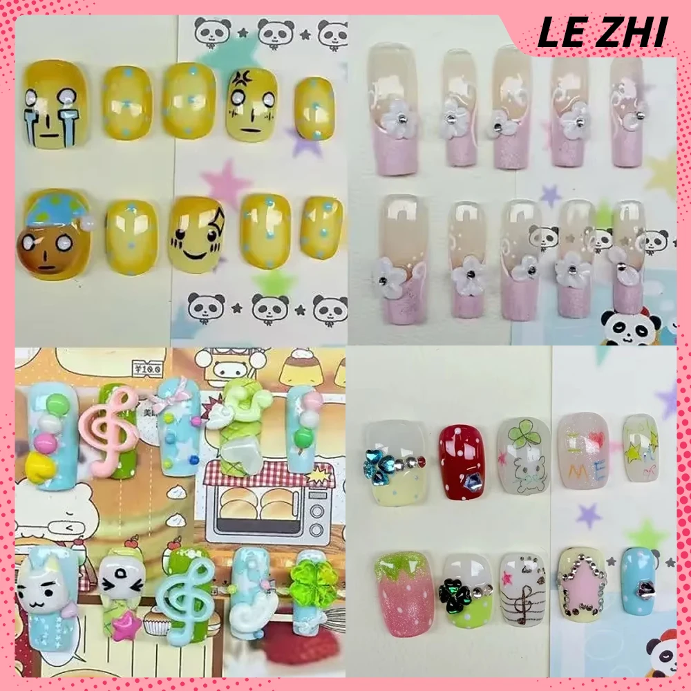 10Pcs Summer Flowers Handmade Cute Press On Nails Tips Art Rilakkuma Pearl Bow Diamond False Nails Girl's Gift