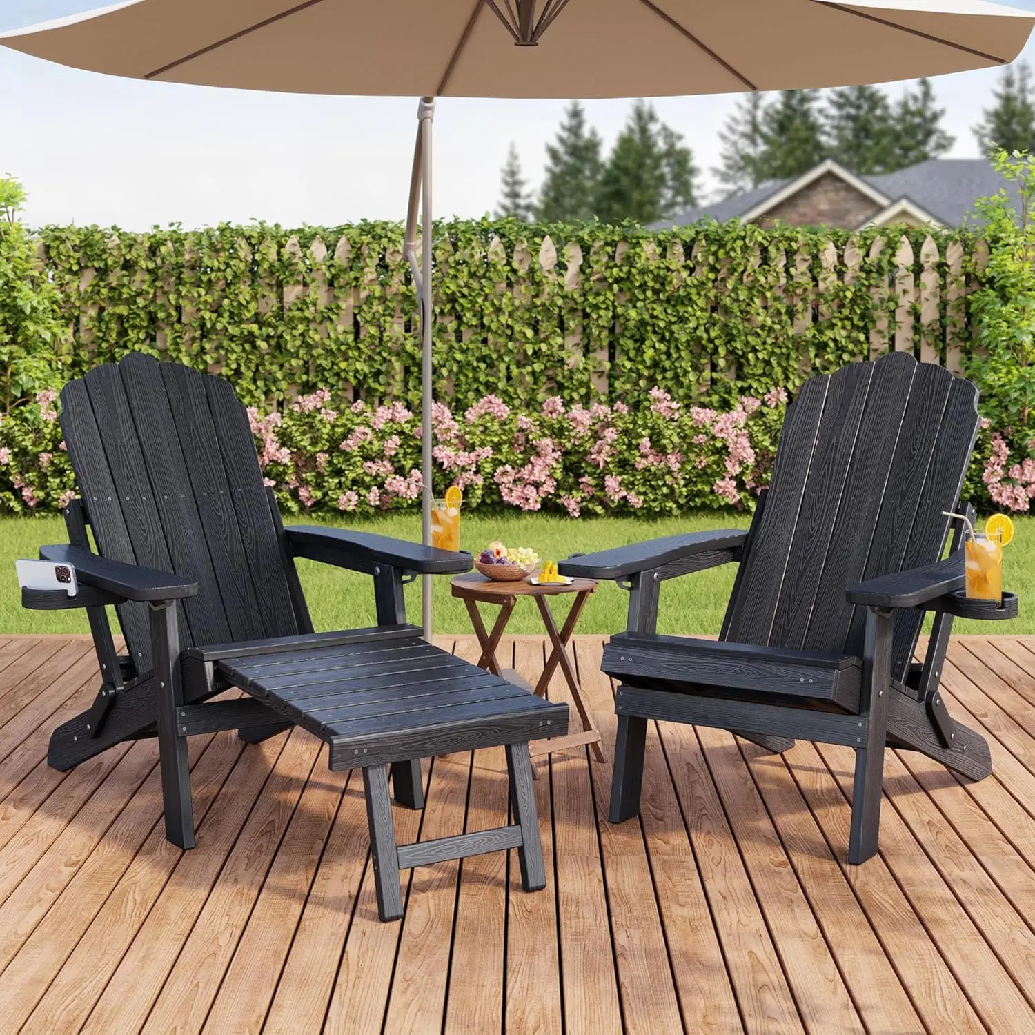 Adjustable Folding Adirondack Chair with Ottoman Set of 2, 2 Cup Holders &