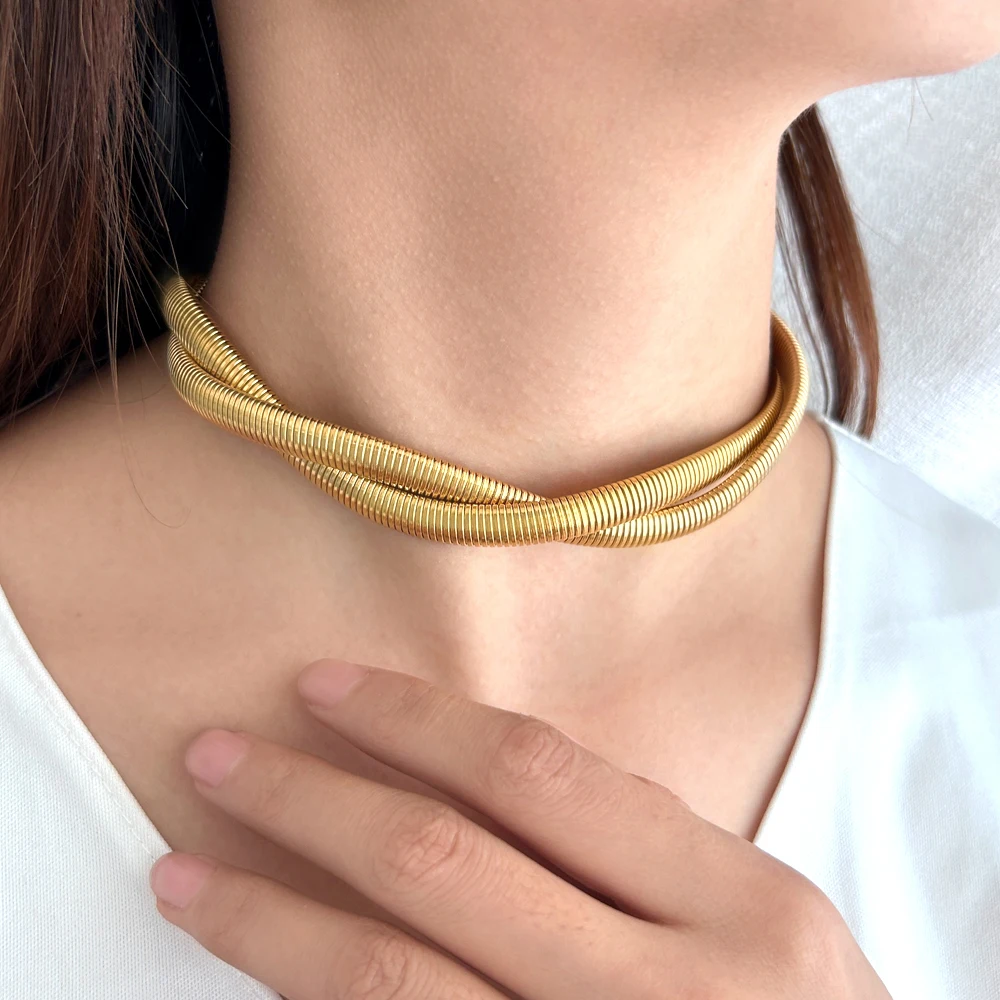 USENSET 8mm 2 Layers Twisted Spiral Stainless Steel Jewelry Set Aesthetic Golden Neck Wrist Accessories Rust Proof