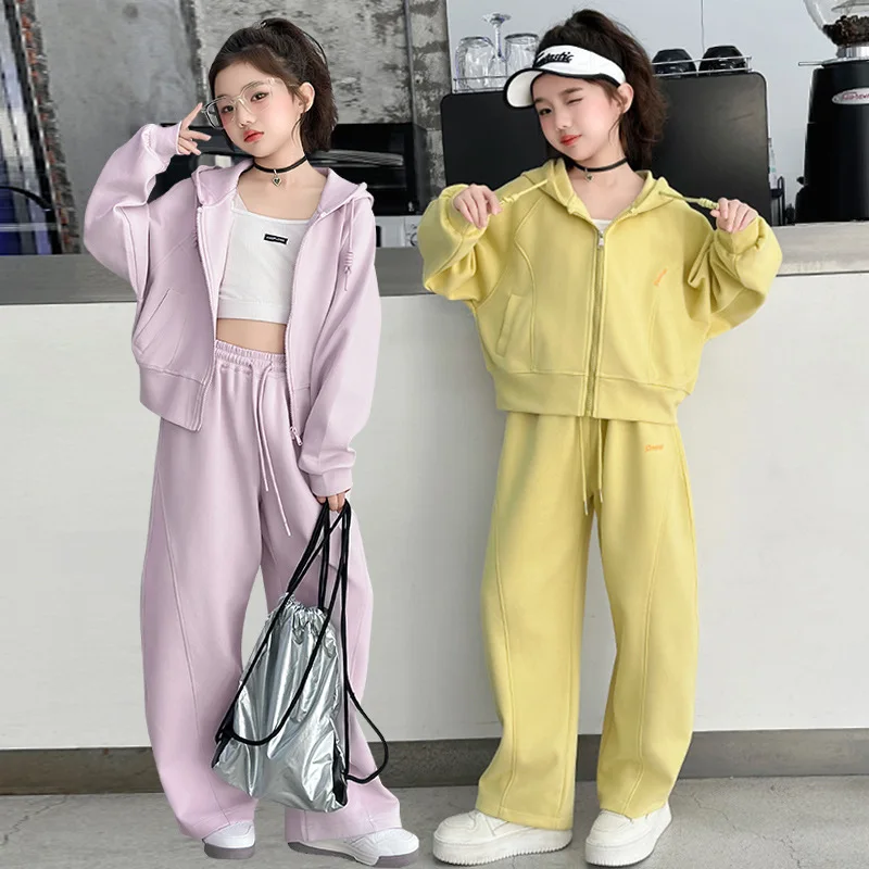 

Autumn Kids Girls Sweatshirt Sets Long Sleeves Hooded Coat+Letter Pritned Drawstring Pant Children Girls Two-piece Sport Sets