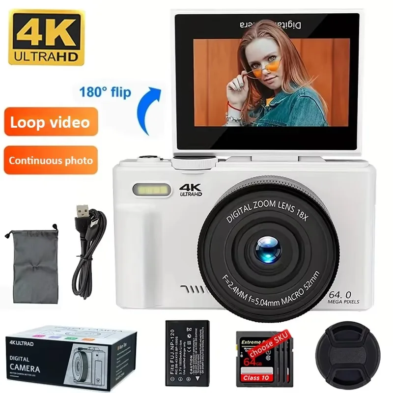 

Autofocus Digital Camera 64MP 18X Zoom for Photography Video Vlogging Camcorder for YouTube 180° Flip Screen Entry-level Camera
