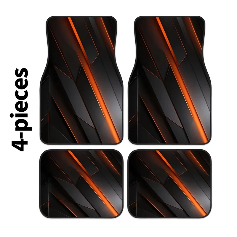 4pcs Car Floor Mat Set - 2D Printed - Creative Pattern - Black With Orange Light Structural Pattern, Trendy And Fashionable Car