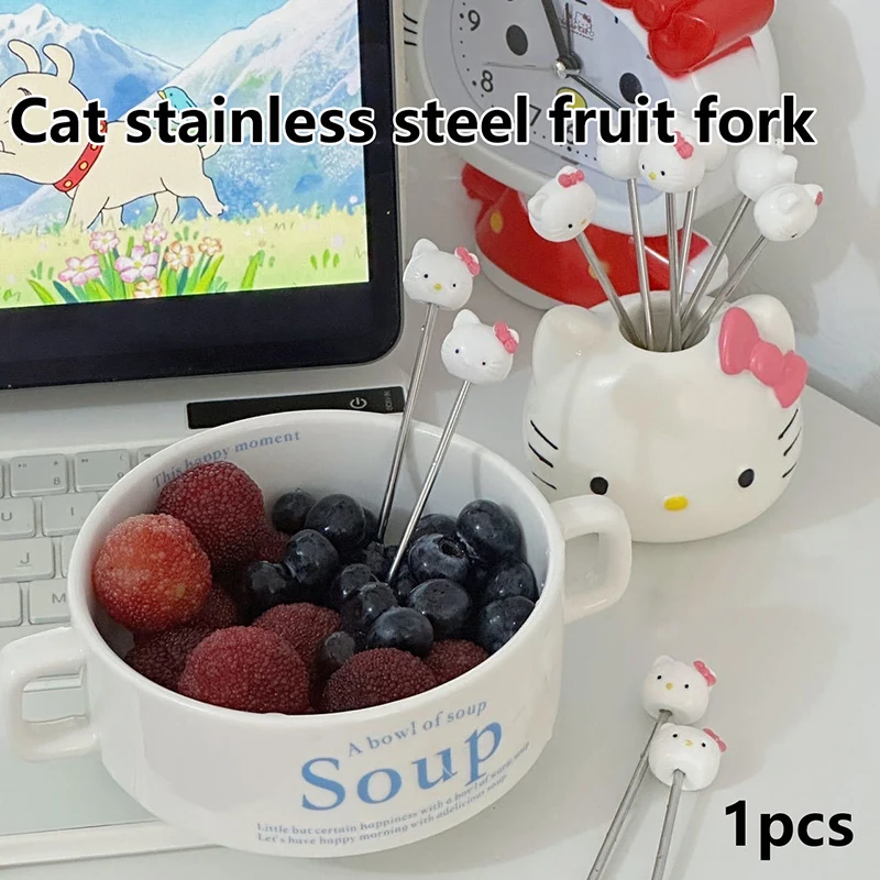 Cartoon Sanrio Hello Kittys Creative Fruit Fork Cute Anime KT Cat Stainless Steel Home Kitchen Cake Bento Fruit Tableware Gifts