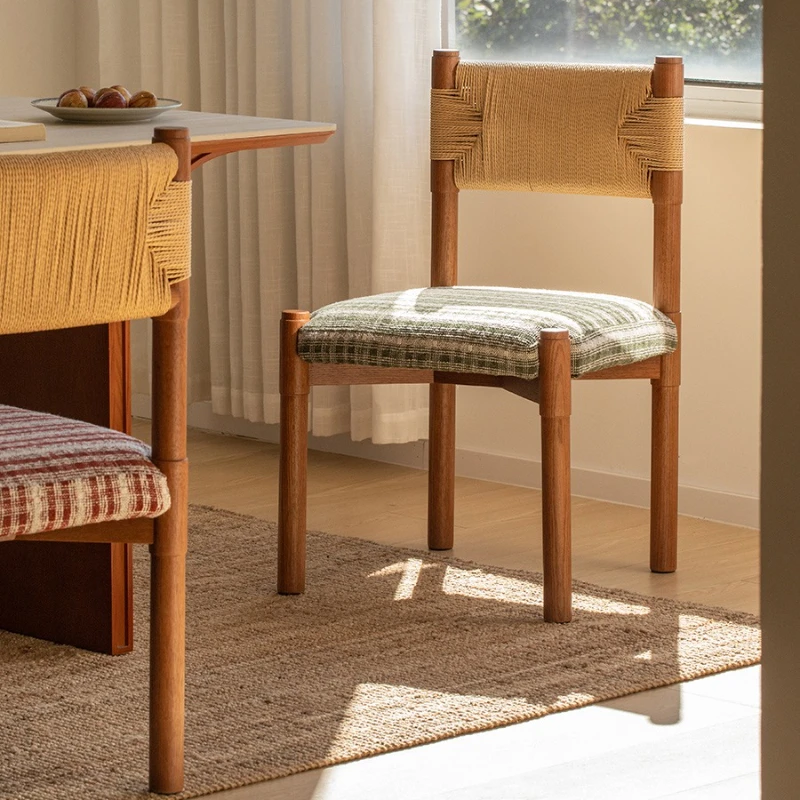 

Retro solid wood medieval dining chair, home soft bag back chair