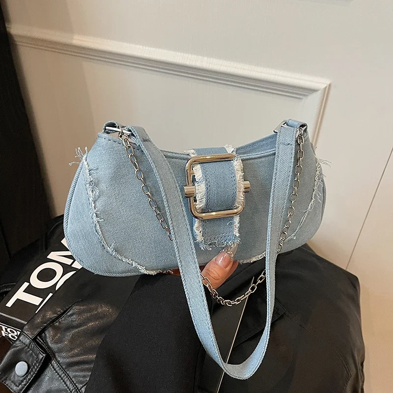 

French Style Underarm Shopper Purse Designer Half Moon Bag Handbag Clutch Bag Tote Casual Denim Shoulder Bag Female Shoulder Bag