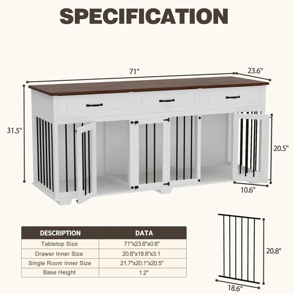 Dog Crate Furniture with 3 Rooms, 70.9