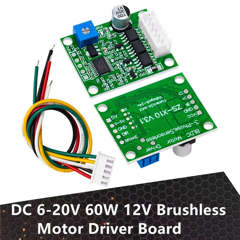 ABZW 3X DC6-20V 60W 12V Brushless Motor Driver Board BLDC Speed Controller 3-Phase Governor Hallless Switch Module With Cable