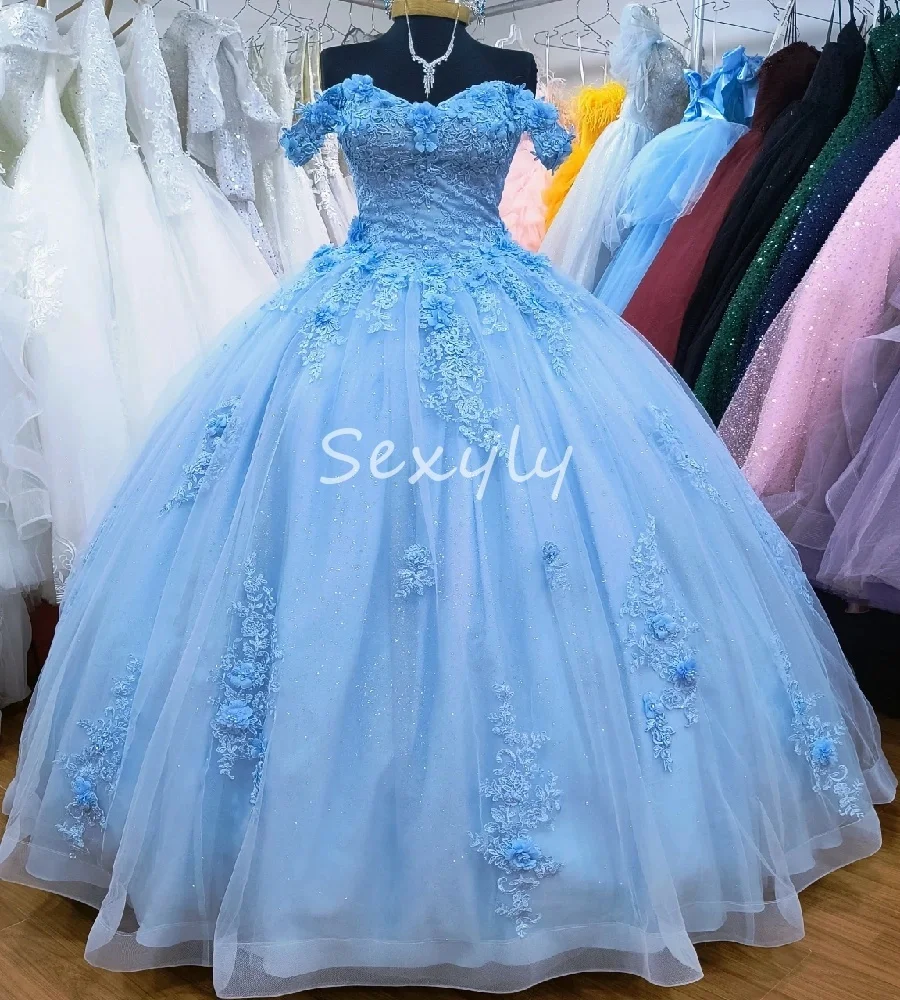 

Tropical Blue Quinceanera DressesWith Flowers Off Shoulders Lace Elegant Birthday Dress Corset Sweet 16 Vestidos 15 Customized