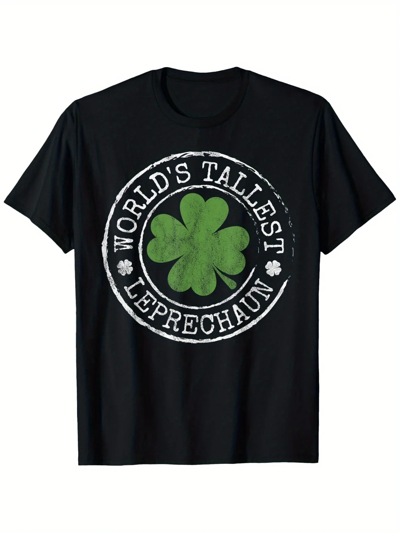 2026 Funny World's Tallest Leprechaun St. Patrick's Day T-Shirt - 100% Cotton Black with Green Four-Leaf Clover Graphic, Unisex