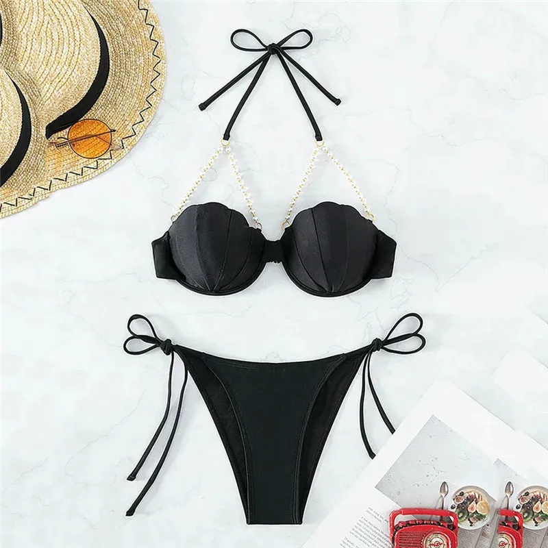 Sexy pearl Shell High Waist Bikinis Set Push Up Swimsuit Women Swimwear Drawstring Bathing Suit Brazilian Bikini Mujer Biquinis