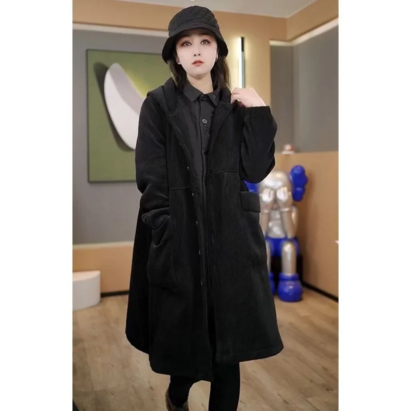 2024 Autumn Winter Thick Coat Fashion Large Purple Windbreaker Big Pocket Women\'s Loose Versatile Corduroy Hooded Coat 6XL