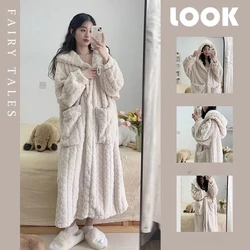 Autumn and Winter Pajamas Female Facecloth Robe Female Coral Velvet Long Section Cute Sweet Home Wear Lazy Sleeper Robe Ladies