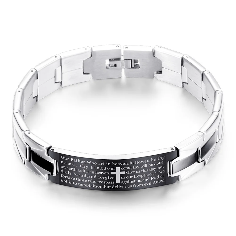 Men Bracelet Stainless Steel Cross English Prayer Casual Bangle Gift