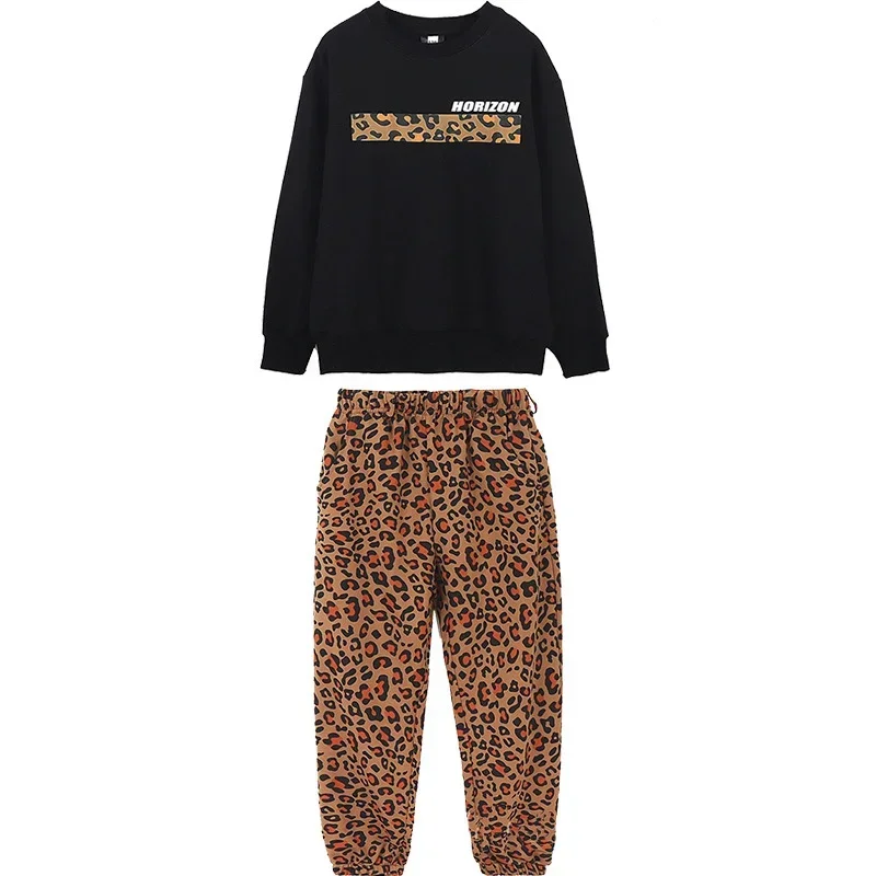 Kid Hip Hop Clothing Sweatshirt Crop Top Long Sleeve Tee Leopard Streetwear Jogger Sweatpants for Girl Boy Dance Costume Clothes