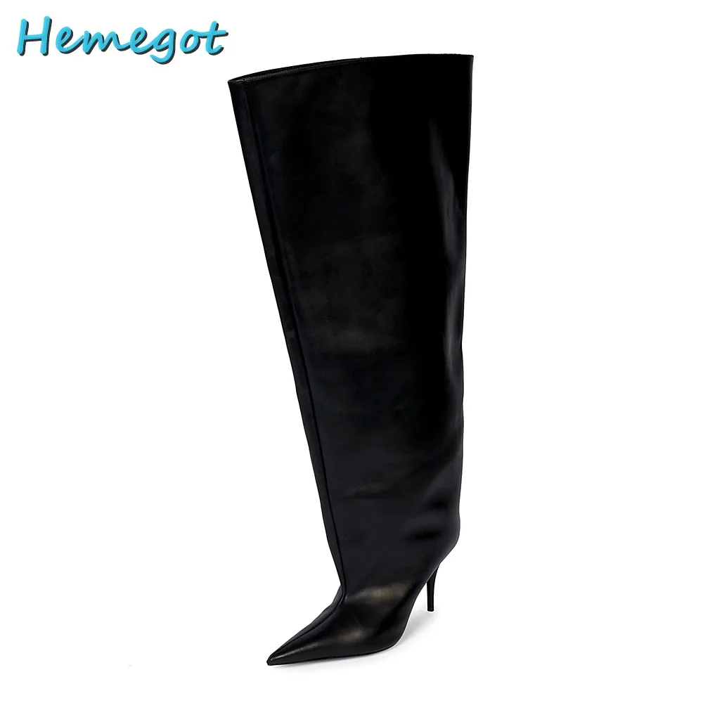 Newest Pointed Toe Stiletto Knee High Boots Genuine Leather Slip On Black Solid Women Long Boots Fashion Runway European Style