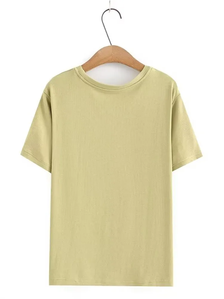 Plus Size Women's Clothing O-Neck Solid Colour Stretch Knitted T-Shirt Fabric Pullover Basic Flat Stretch T-Shirt For Summer