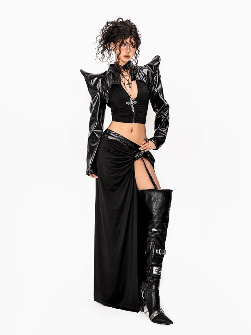 2025 New American Retro One-piece Strap Design Sense Irregular Y2k Hot Sexy High Split Long Skirt For Women