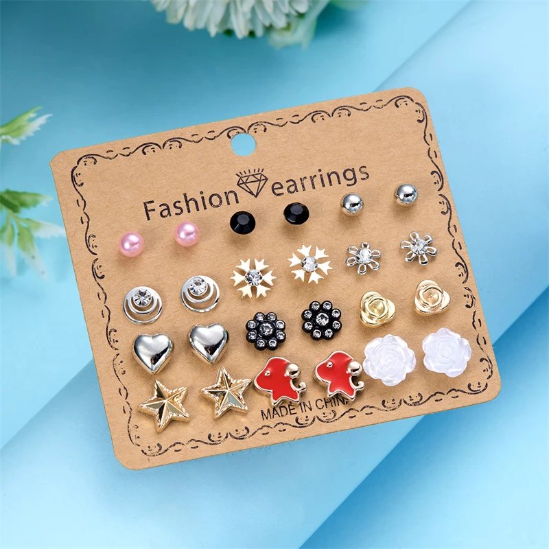 12 Pairs Combination Stud Earrings For Women Girl Shiny Zircon Moon Star Snowflake Geometric Mini Earring Party Charm Jewelry