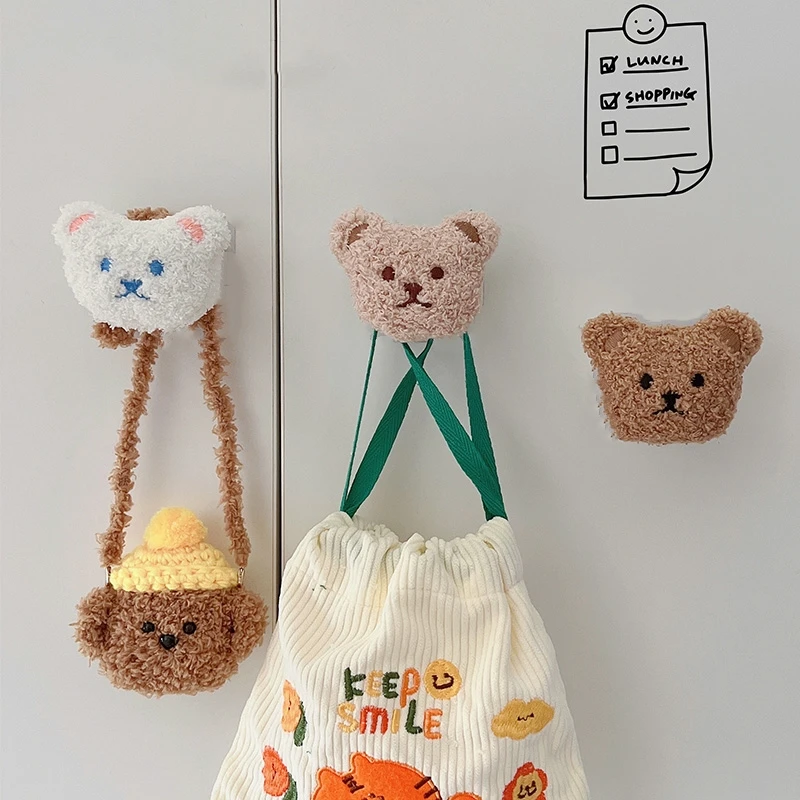 Cartoon Wooden Hook Home Little Bear Plush Sticky Hook Holder for Wall Key Coat Hook Cute Kitchen Gadgets Bathroom Decorative