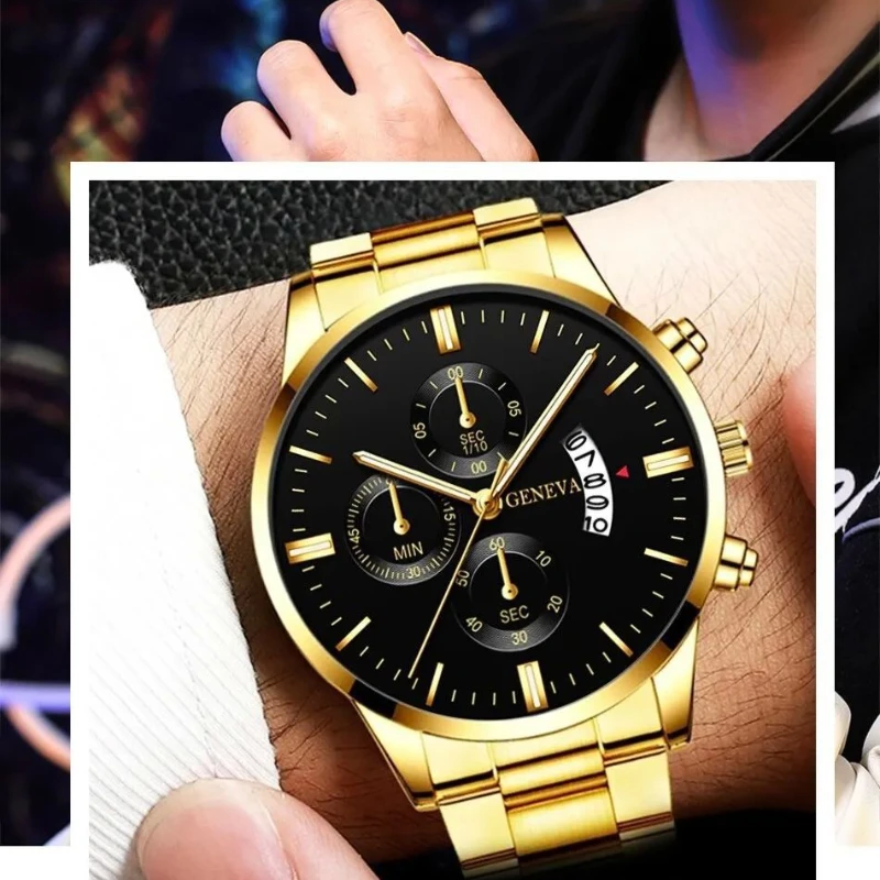 Calendar steel belt quartz watch, business men's three-eye large dial watch men's watch