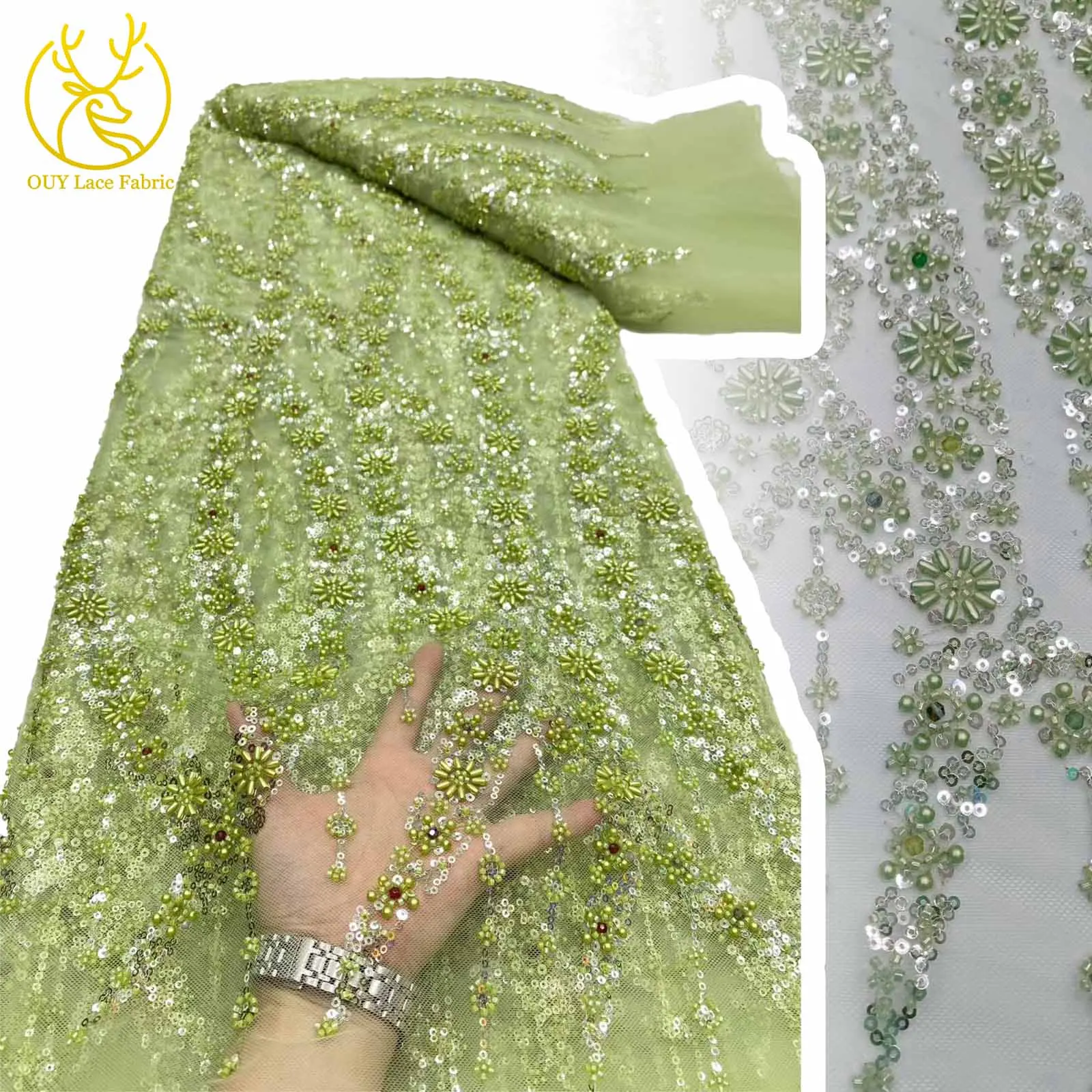 

Pin Green African Handmade Heavy Beaded Embroidery Mesh Lace Fabric 2025 French Sequin Lace Fabric Ladies Party Evening Dresses