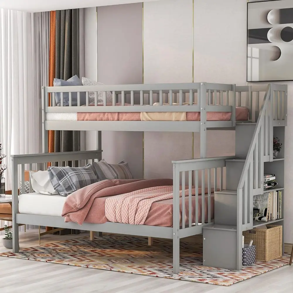 

Twin Over Full Bunk Bed with Storage Stairs, Full-Length Guardrail, Wooden, Shelves, Slats Support, Grey