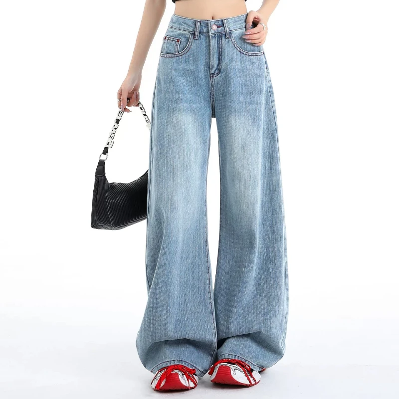 Women High Rise Wide Leg Jeans Relaxed Fit with Bold Red Letter Embroidery Chic Floor-Grazing Casual Trousers for Street Style