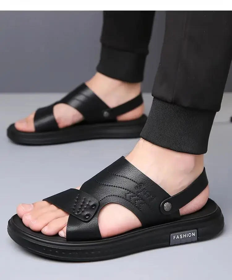 New Summer Man's Leather One word Hollow Casual Sandal  Soft Sole Non Dual Purpose Outdoor Beach Sandals Slippers