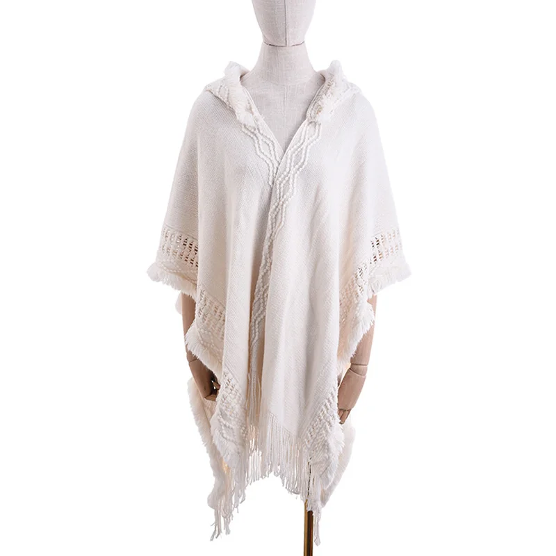 

Spring White Tassels Yunnan Lijiang Ethnic Style Tourism Bohemian Hooded Knitted Cardigan Shawl