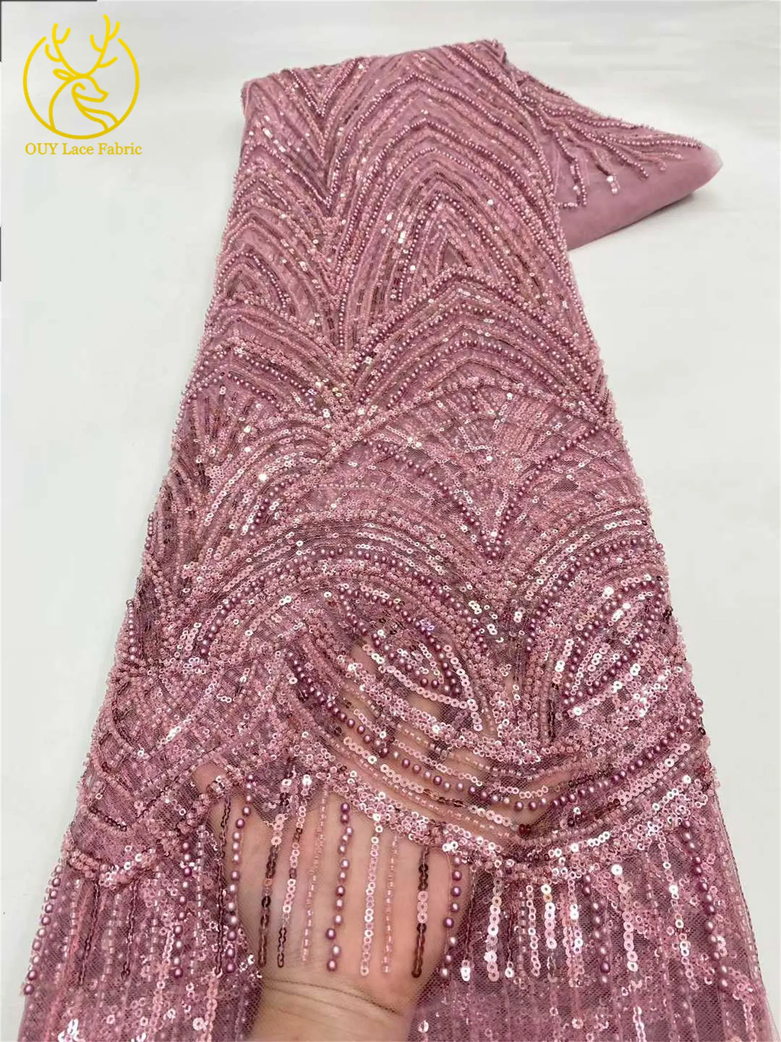 Schwarzer afrikanischer Perlen-Spitzenstoff 2026 Hochwertiger französischer Pailletten-Tüll-Spitzenstoff Nigerianischer Tüll für Hochzeit, Party, Kleid, Nähen, 5 Jahre – Detail 15