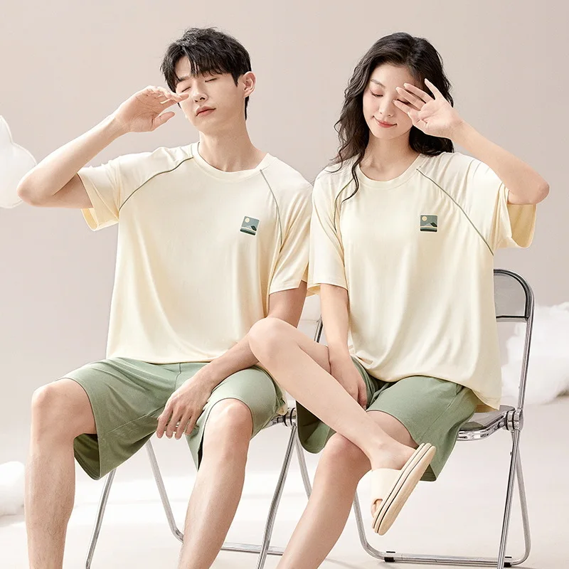 Modal Couple Pajamas Summer Short Sleeve Thin Ladies with chest pad Sleepwear Soft Loungewear Men's Nightwear Dropship pyjama