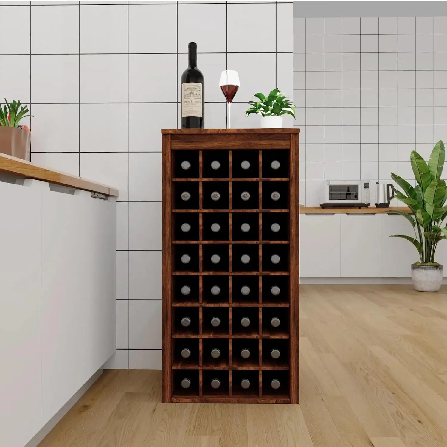 8-Tier Wood Wine Rack 32 Bottles Freestanding Stackable Modular Countertop Small Space Kitchen Bar, Customized