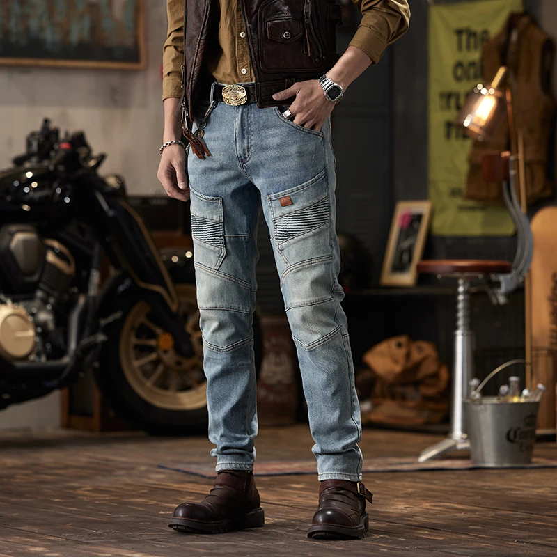 2024 New Retro Nostalgic Stitching Motorcycle Jeans Men's Slim Fit Skinny Elastic Trend Skinny Trousers