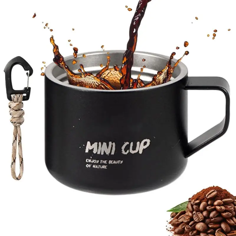 Stainless Steel Camping Cup Camping Coffee Cup With Handle Double-Layer Matte Coffee Cup Lanyard-Attached For Hiking