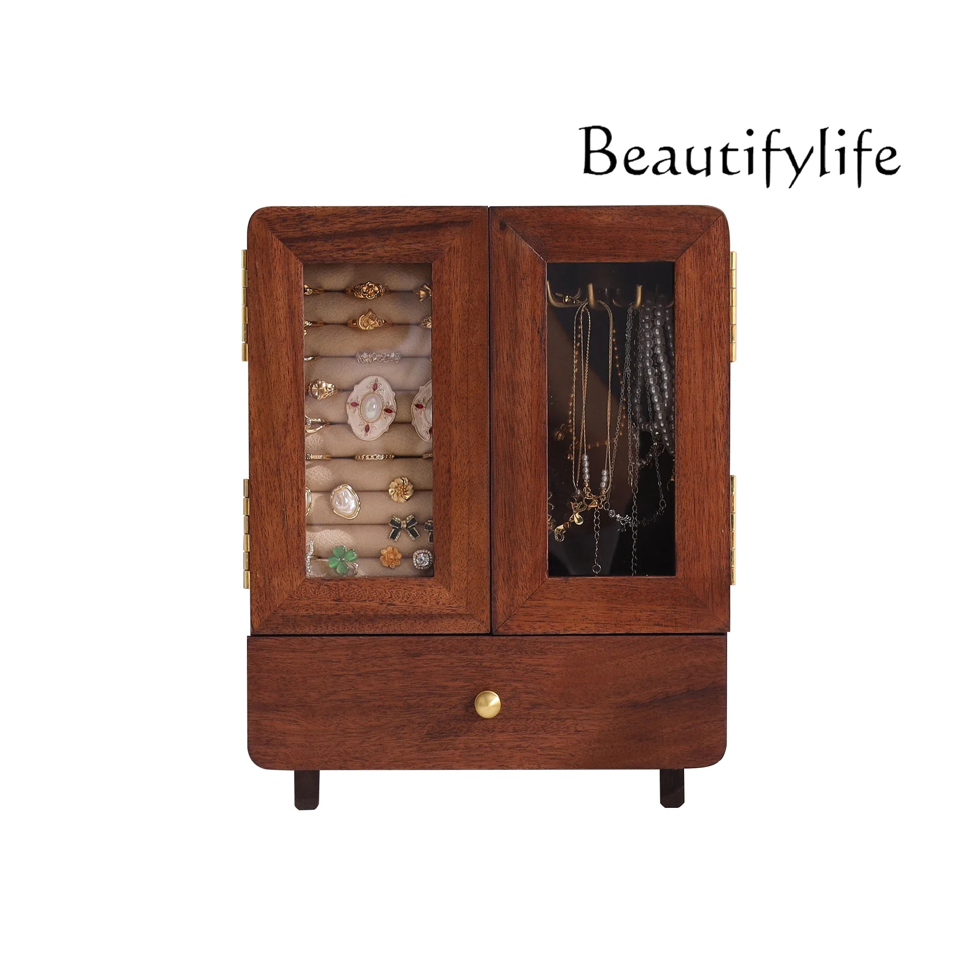 Solid wood jewelry storage box, high-end exquisite earrings, bracelets, necklaces, watch jewelry, multi-layer box.