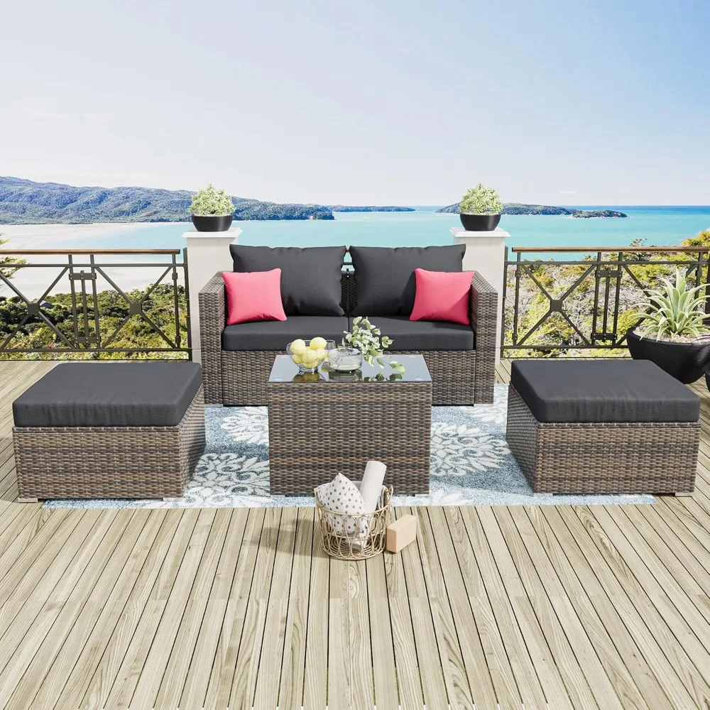 Outdoor Patio Sectional Furniture Set with Ottomans, Wicker Patio Furniture Conversation Sets Sofa for Backyard Garden